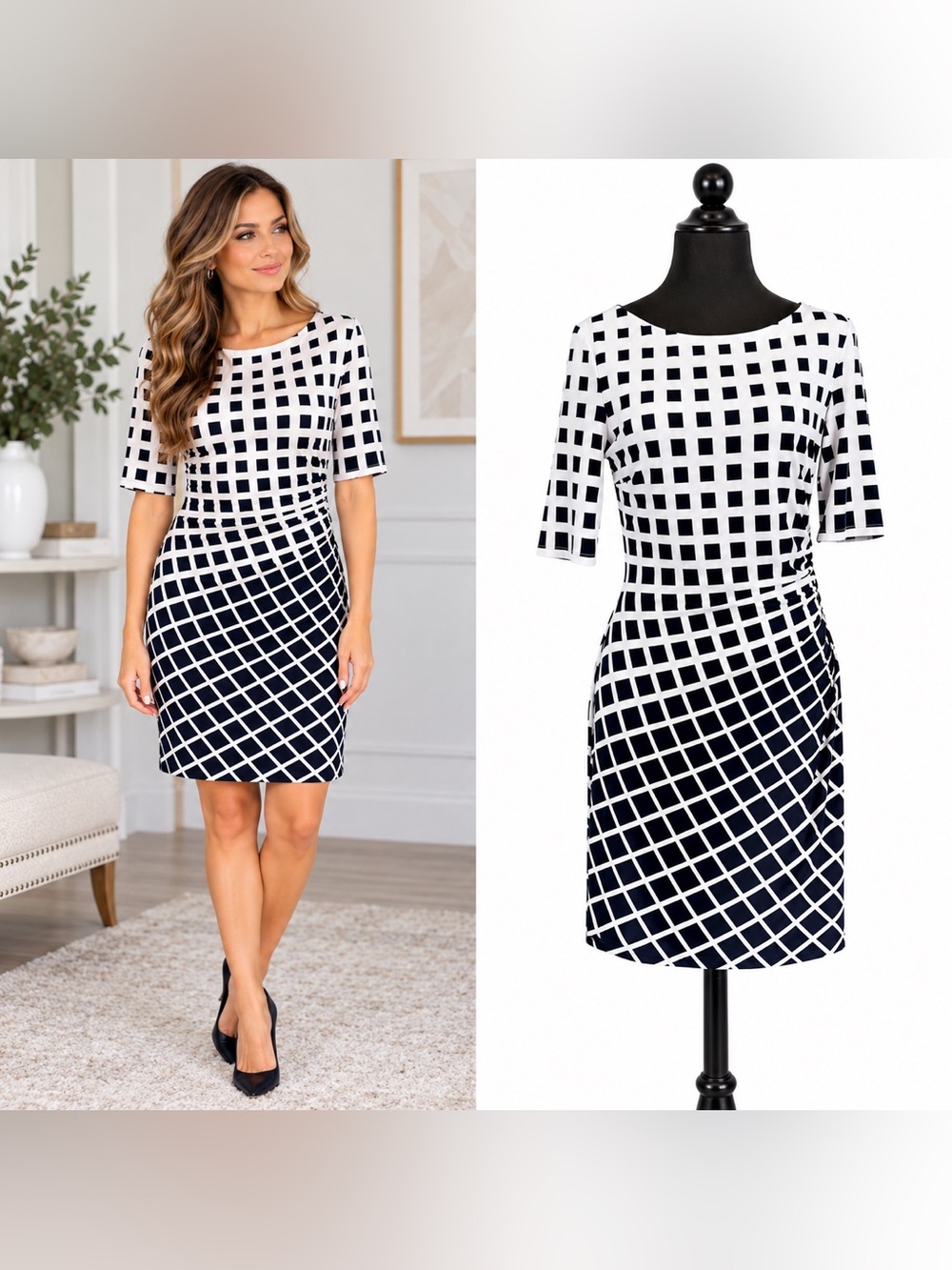 Anne Klein Black and White Lined Dress Women’s Size 10 Modern Geometric Chic